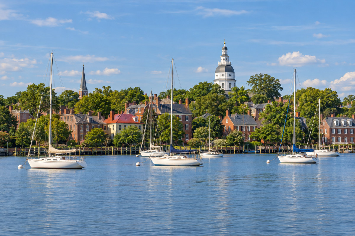 The Maryland State House dome above the Annapolis waterfront, with sailboats moored in the harbor