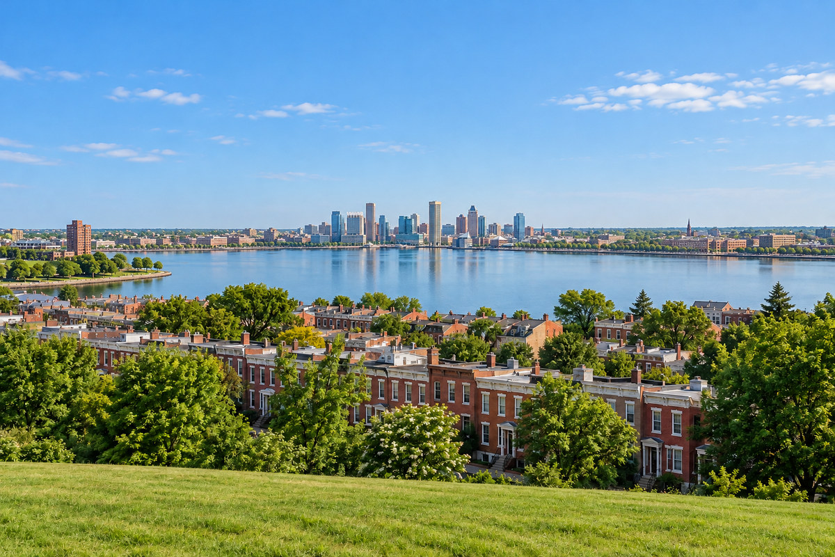 Downtown Baltimore skyline across the Inner Harbor, with rows of brick rowhouses in the foreground